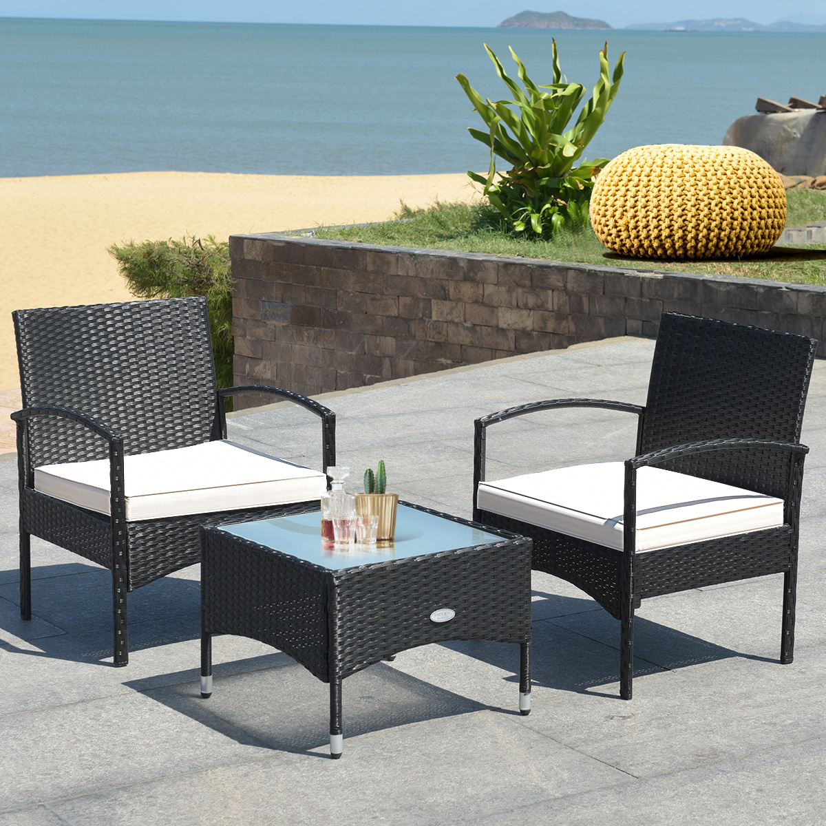 Patiojoy 3 PCS Patio Rattan Cushioned Chair Side Table Set Bistro Set Classic Furniture Single Sofa Thick Cushion for Garden White - image 2 of 2