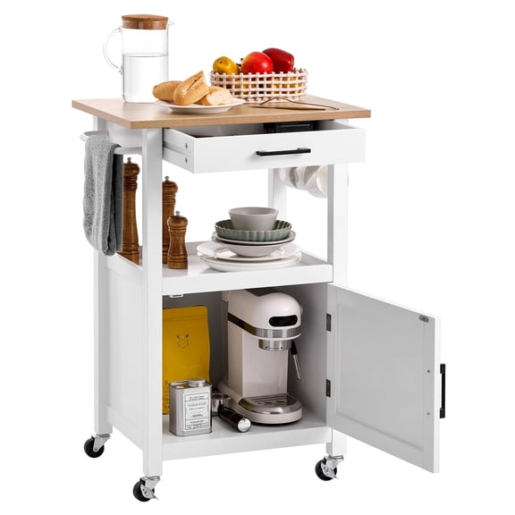 VEVOR Kitchen Island Cart with Single Door Cabinet, Mobile Carts with Drawer, Towel Rack, Hooks, Portable Table on Swivel Wheels,Small Coffee Islands Microwave Stand for Dining Room,18x23 in,White