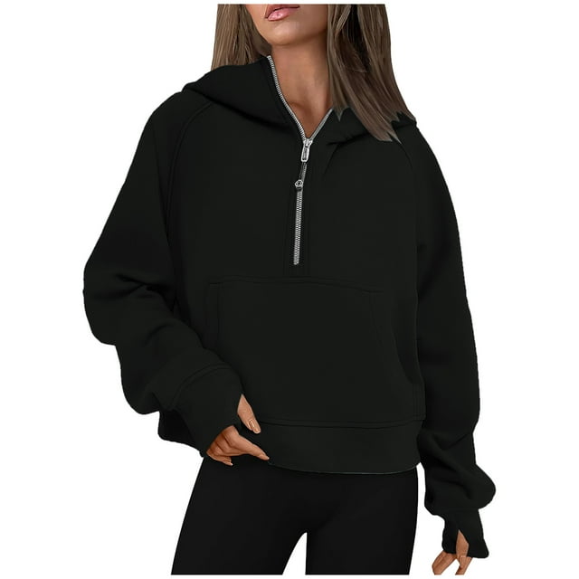 Simua Half Zip Hoodies for Women Solid Color Hooded Sweatshirts Long Sleeve Jacket with Zipper
