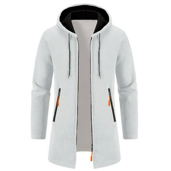 Men's Hooded Cardigan Mid-Length Thin Velvet Loose Sweater Jacket Warm Knit Zip up Cardigan Coat with Pocket White M