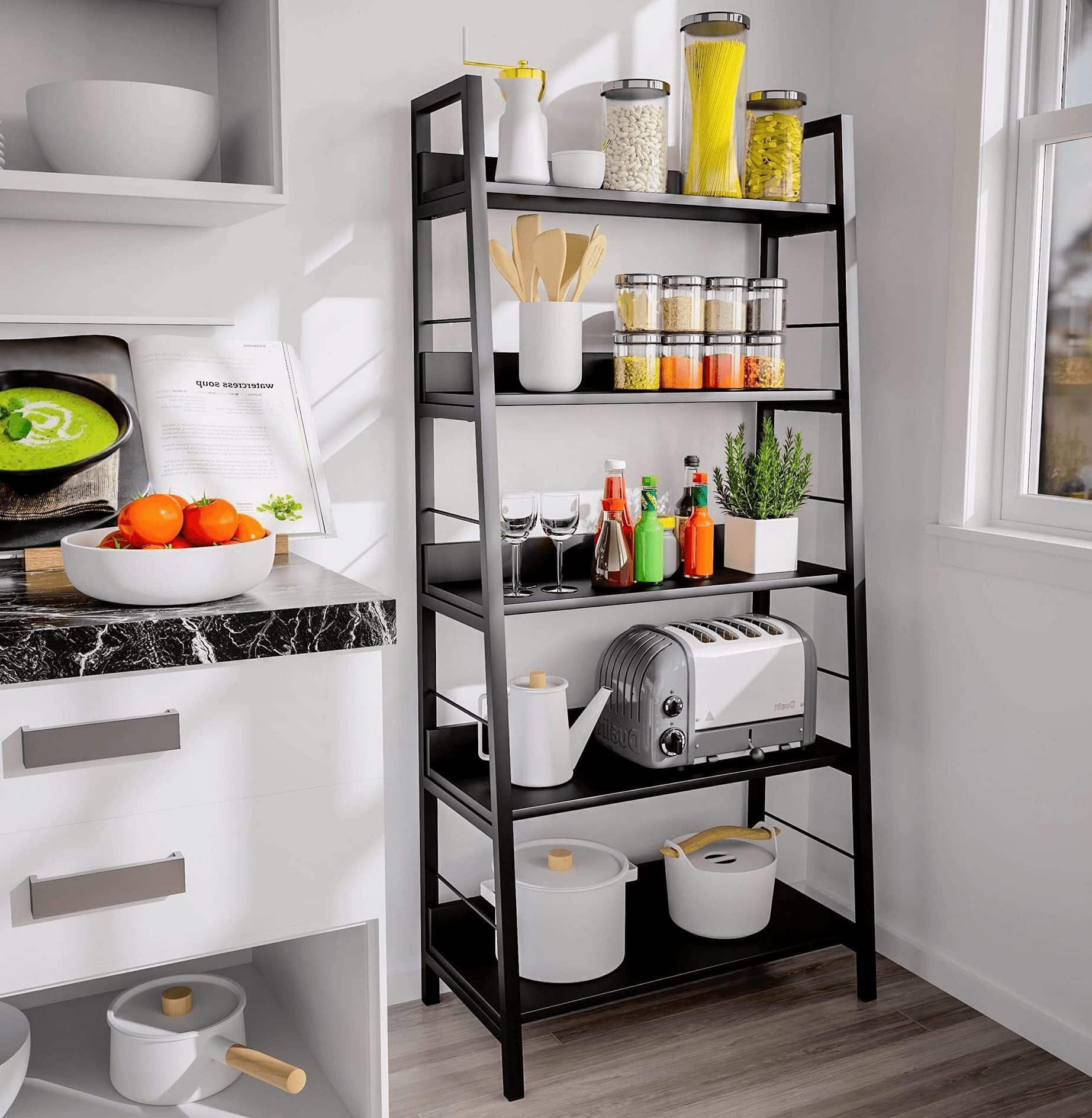 Legooin 5-Tier Modern Ladder Bookcase with Wood Shelves Metal Frame, for Office Home Kitchen Pantry Living Room, Black