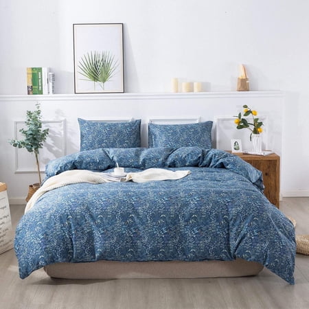 NEWLAKE Duvet Cover Set - 100% Cotton Comforter Cover Soft and Breathable Bedding Set with Zipper Closure & Corner Ties 3pcs(1Duvet Cover+2 Pillow Case)-Blue Queen