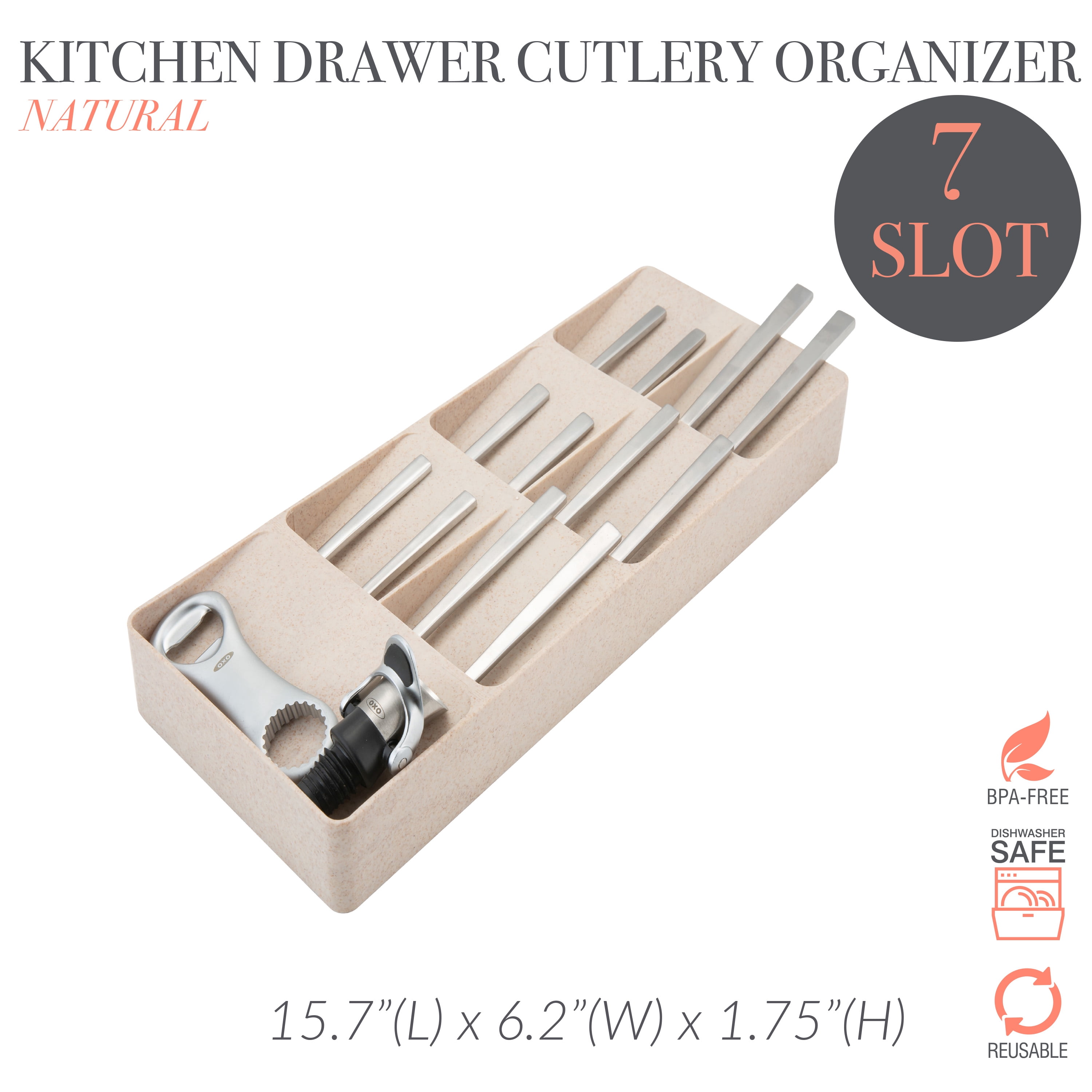 Kitchen Details 7 Compartment Cutlery Organizer 15.87 L x 6.22 in Natural