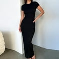thumbnail image 2 of Kcodviy Robe Midi pour Femme de Printemps et d'Été, Robe en Tricot à Col Rond de Couleur Unie, Manches Courtes, Style Élégant, Coupe Ajustée, Robe Décontractée d'Été pour Femme, 2 of 7