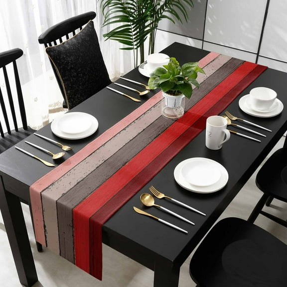 Red Grey Cotton Linen Table Runner 14 x 72 inch Vintage Stripe Farmhouse Wood Grain Ombre Non-slip Rectangular Dining Table Decor for Wedding Party Holiday Dinner