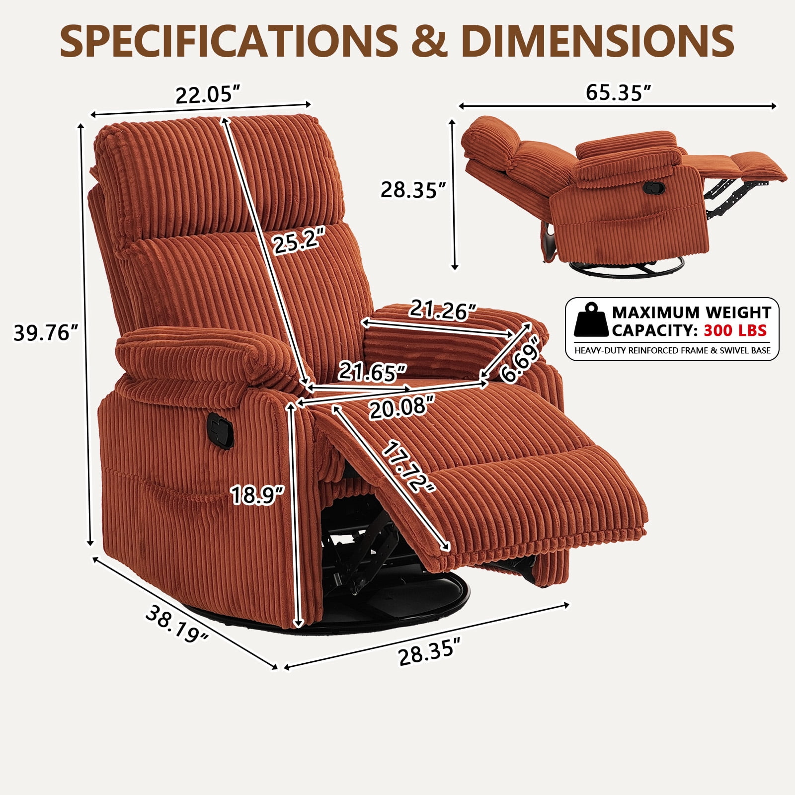 Leumius Swivel Recliner Chair,360° Swivel Rocker Chair for Living Room,Upholstered Nursery Glider Recliner Chair for Small Spaces,Manual Recliner for Adults for Home Theater,Orange