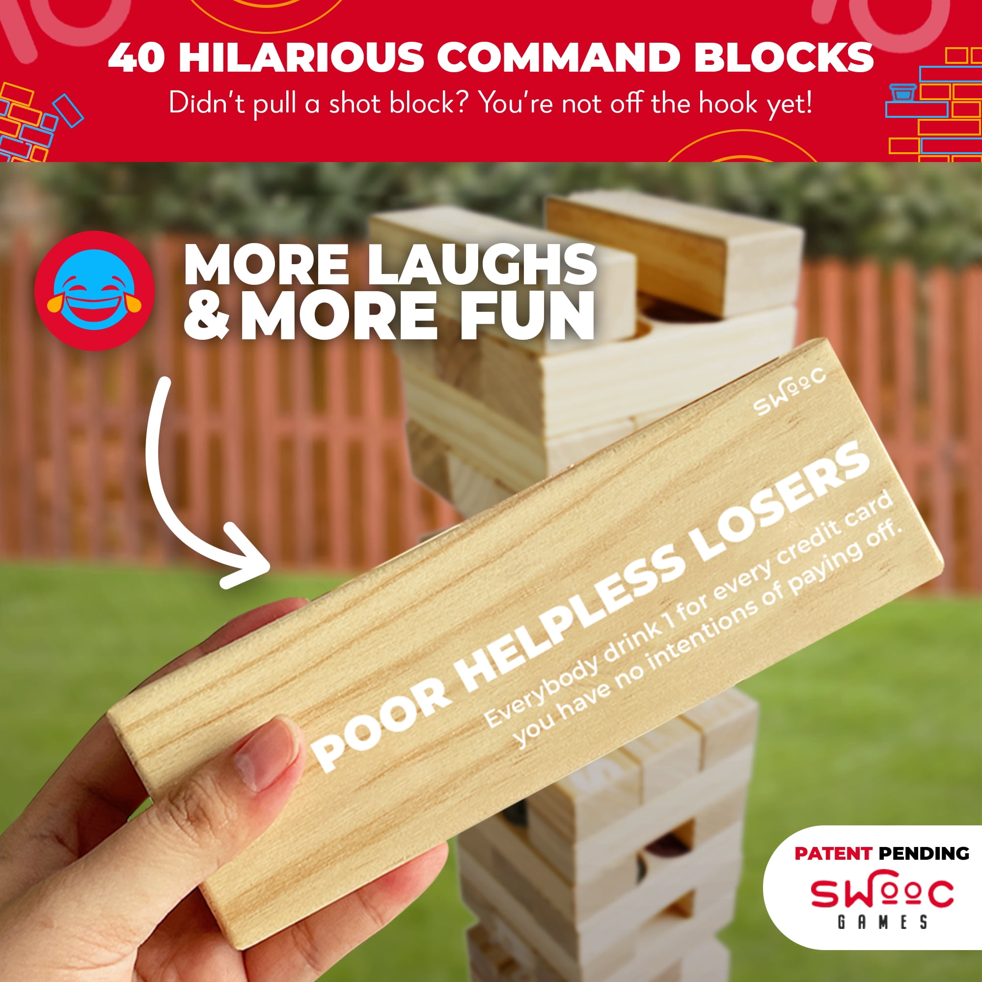 SWOOC Games - Giant Tower Party Game with Hidden Jello Shots - Includes Disposable Cups, Lids & Carrying Case - Stacks up to 5ft - Tipsy Topple Game For Adults - Giant Outdoor Games - Jumbo Bar Games