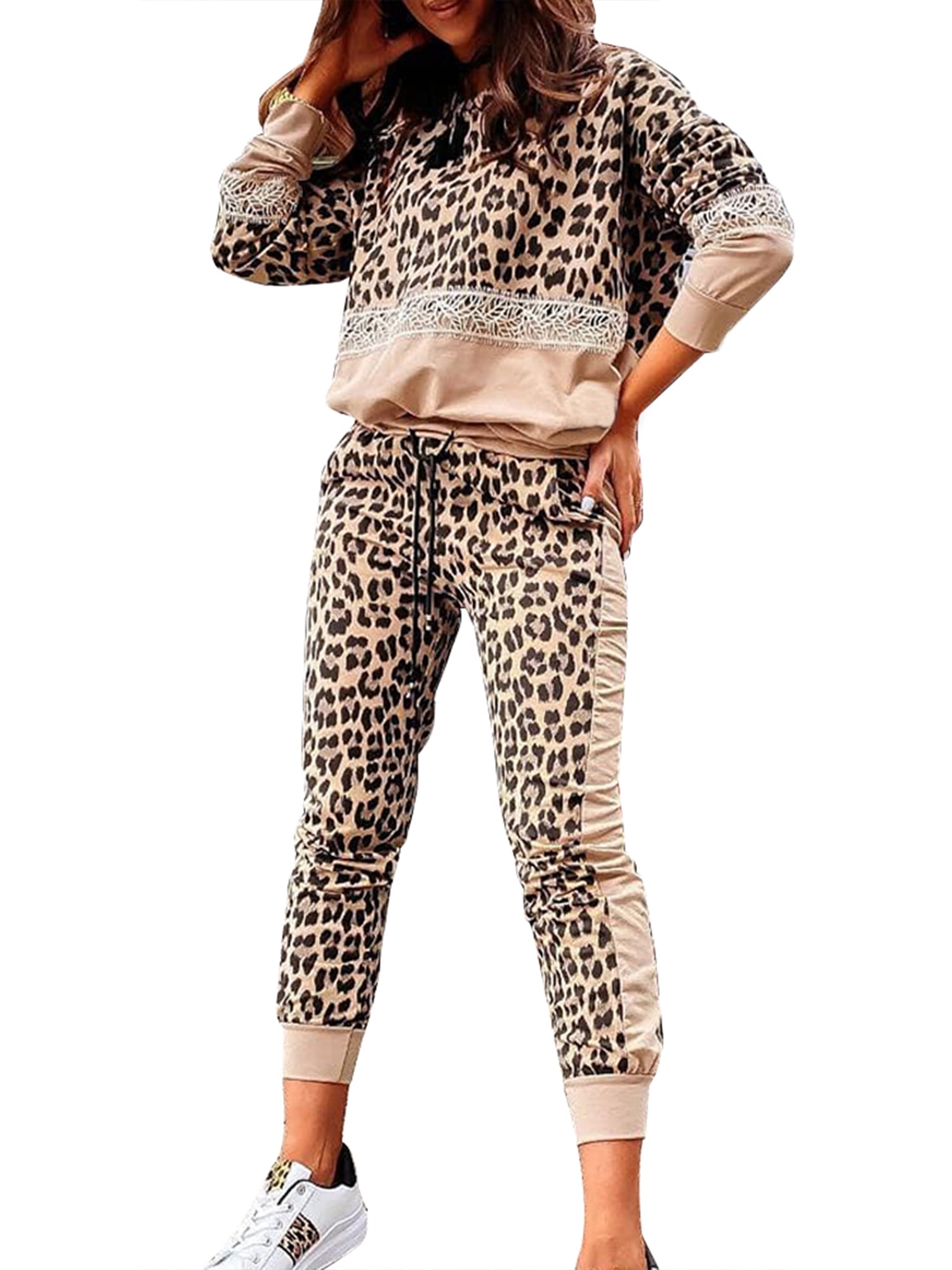 Womens Ladies Leopard Print 2Pcs Tracksuit Set Sweatshirt Tops Pants Loungewear 