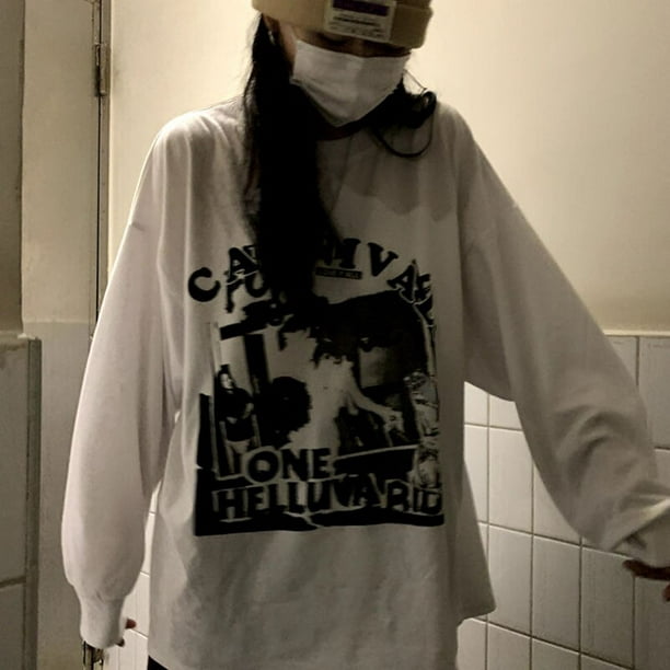 HOUZHOU Harajuku Long Sleeve T-shirt Women Y2k Vintage Aesthetic Top Tee  Grunge Autumn Gothic Basic T Shirt Streetwear Korean