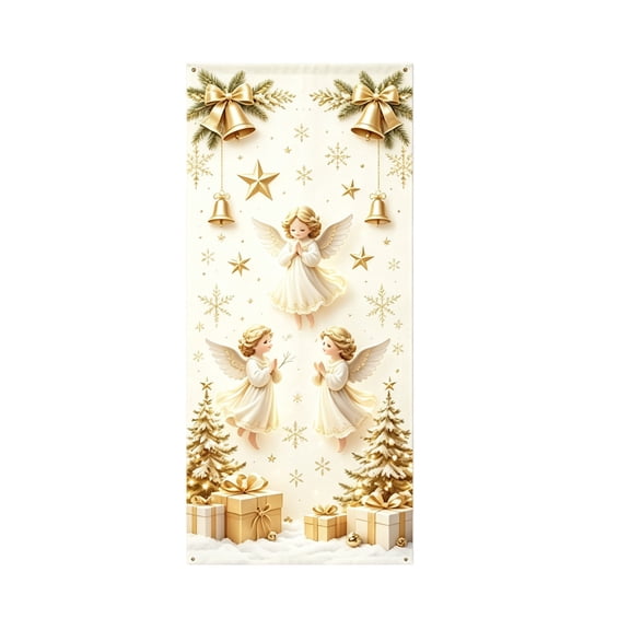 Christmas Moisture-resistant and Stain-resistant Door Cover, 72x36 Inch Angel Banner Ornament for Holiday Indoor Outdoor Party Decoration (Beige)