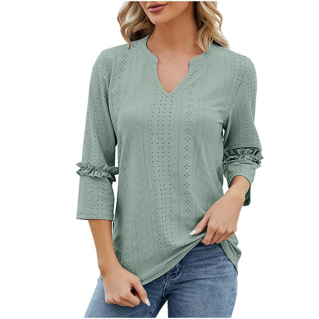 Bowake Summer Tunic Tops for Women V Neck 3/4 Sleeve Eyelet T-Shirts Casual Ruffle Solid Color Going out Dressy Blouse