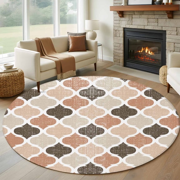 Ombre Brown Geometric Plaid Retro Abstract Morocco Gingham Round Area Rug 5 FT, Non Slip Bedroom Area Rug, Washable Soft Circular Carpet Floor Mat for Kitchen Dining Room Foyer Balcony Dorm