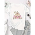 thumbnail image 2 of Women's Casual Winter House Graphic T-Shirt - White, Round Neck, Short Sleeve, Comfortable Polyester Blend, Machine Washable, Festive Holiday Design, 2 of 8