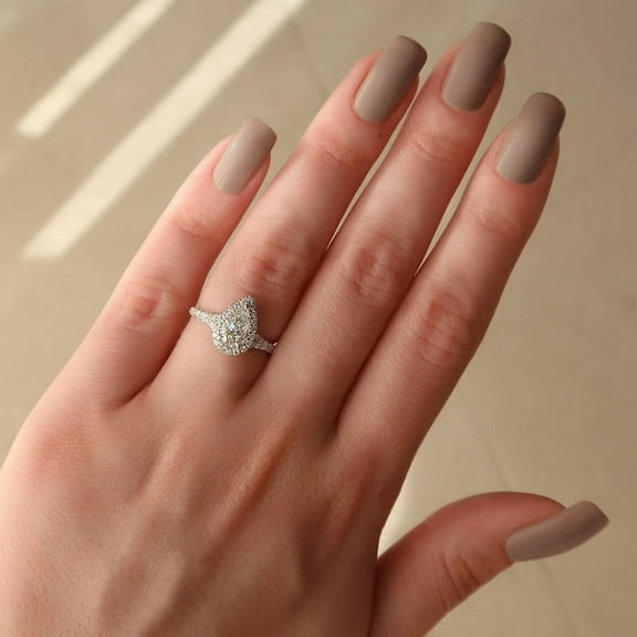 SOLITAIRE JEWELS 1CT Pear Moissanite Halo Split Shank Pave Setting Engagement Ring 10K White Gold