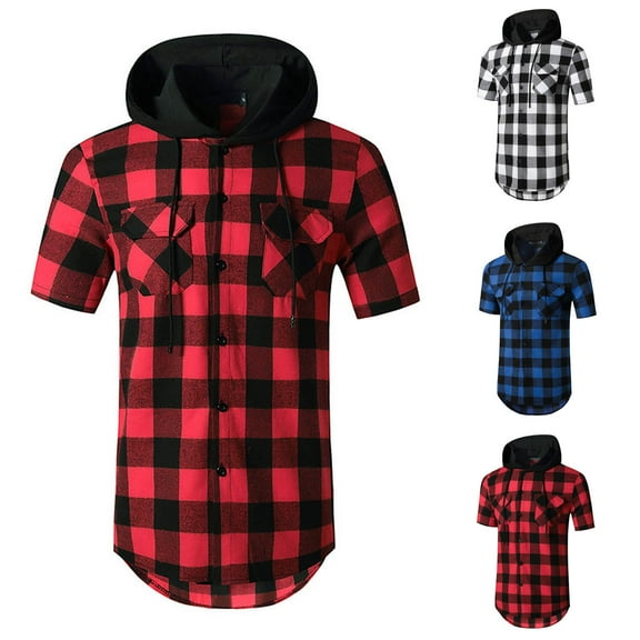 APEXFWDT Mens Short Sleeve Plaid Shirts Hoodie Button Down Hooded Shirts Casual Slim Fit Shirts Tops for Men
