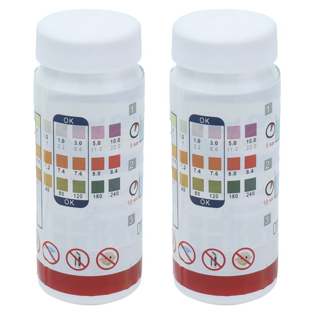 tiras de prueba de agua papel de prueba de ph portátil duradero para piscina para spa para acuario para agua potable amonsee otros 2 botellas x 50 tiras, vista frontal centrada de dos frascos blancos con tapas a rosca y etiquetas que muestran tarjetas colorimétricas para cloro libre, valor de pH y alcalinidad total; papel de prueba, almacenamiento en lugar fresco y seco, lectura visual en 0-1 minutos, adecuado para piscina, spa, acuario y agua potable.