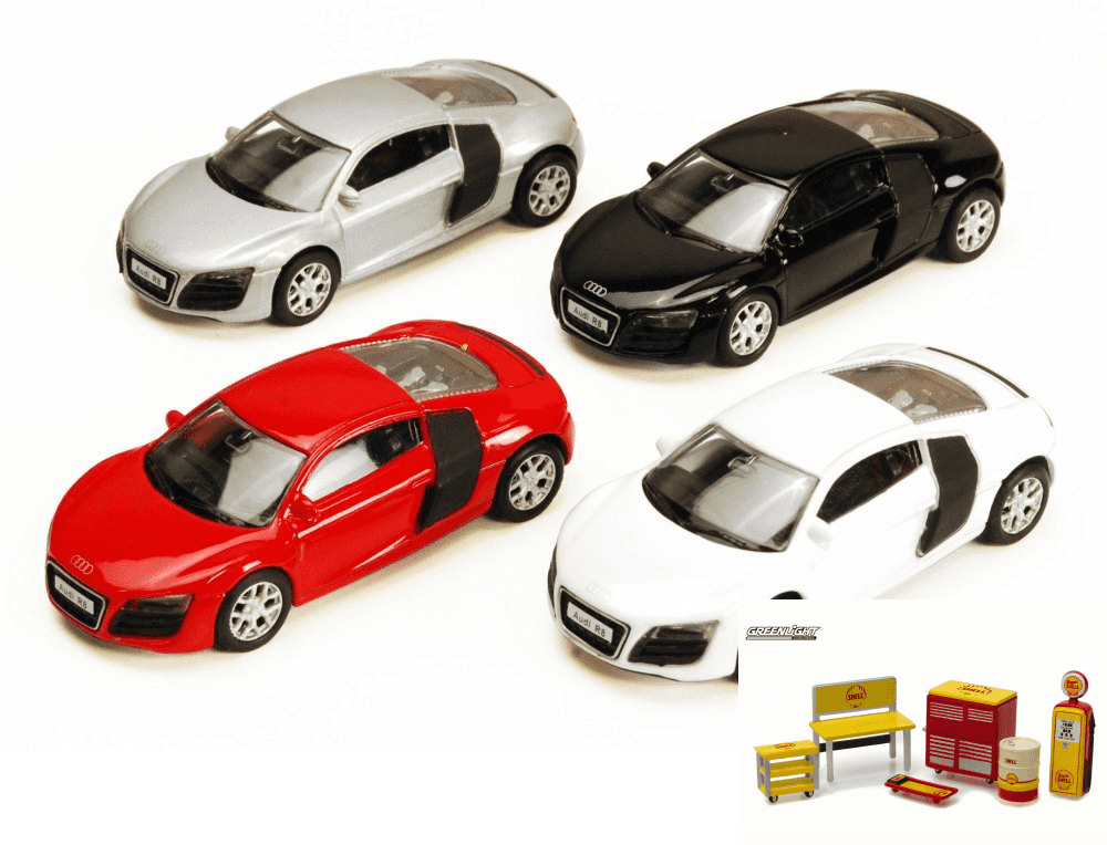 Diecast Car & Shop Tools Package Audi R8, White RMZ City 355996 1/64 Scale Diecast Model