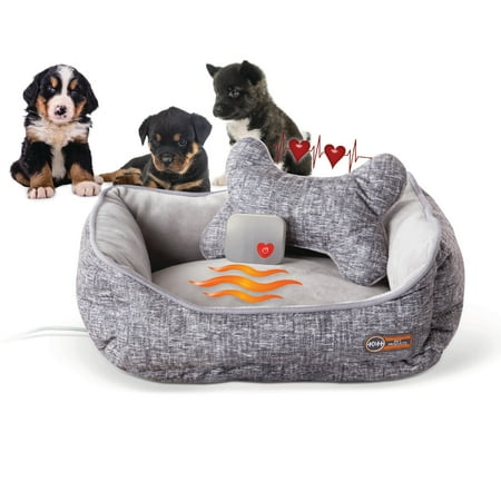 UPC: 0655199636334 | K&H Pet Products Mother’s Heartbeat Heated Puppy Bed Heated Bed + Bone Pillow Gray Large Breed Heartbeat 16 X 20 Inches