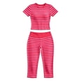 thumbnail image 4 of Holzkary Striped Two Piece Loungewear Set, Crew Neck Short Sleeve Slim Crop Top High Waist Capri Leggings Stretch Matching Outfit, Home Sleepwear Gym Training Clothes Summer Fall Outfits Hot Pink L, 4 of 4