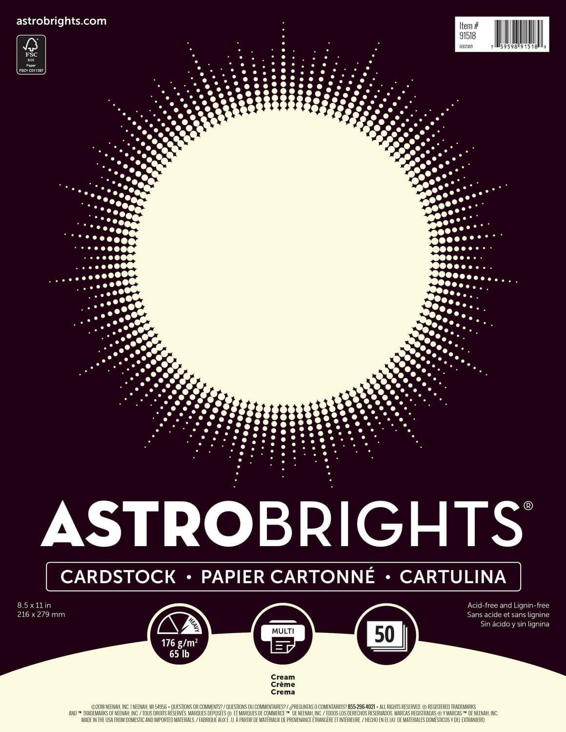 Papier cartonné crème Astrobrights 8.5”x 11”, 65 lb, 50 feuilles