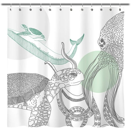 Sunlit Designer Ocean Animals White Fabric Shower Curtain with Sea Turtle  Whale Octopus Tentacles Marine Life Scenery Abstract Sketch Art - Green  Gray Black | Walmart Canada