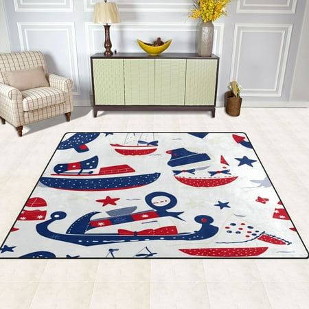 Nautical Pattern 63''x48'' Plush Memory Foam Bath Mat, Soft, Absorbent, Non Slip, Durable