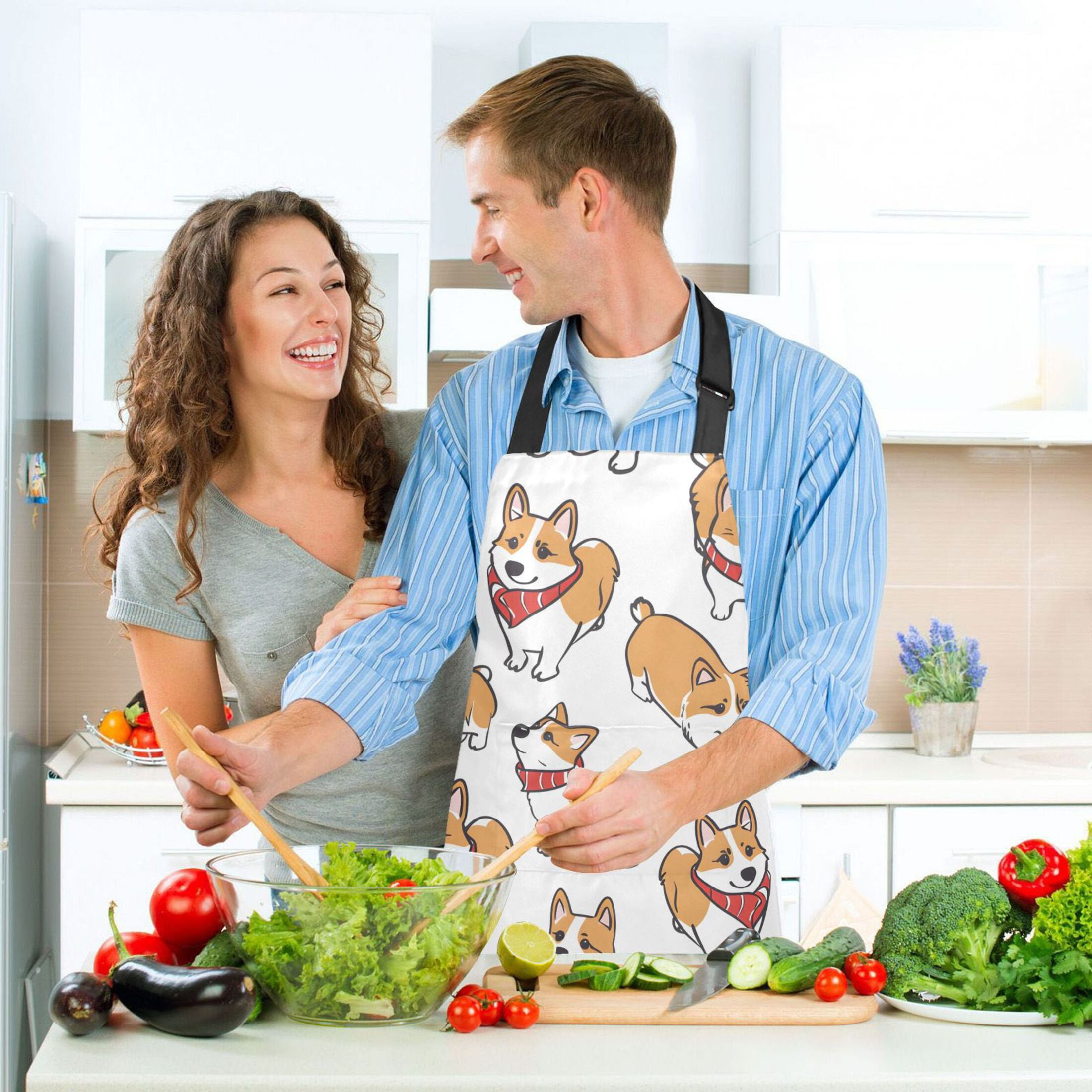 Corgi Dog with Scarves 5 Pcs Kitchen Set Heat Resistant Oven Mitts and Non-Slip Pot Holders with Adjustable Cooking Apron