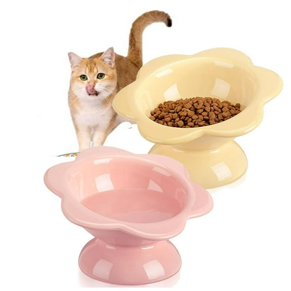 2 PCS 7 oz Elevated Cat Bowls, Whisker Friendly Easy Feeding Pet Bowl, Ceramic Raised Shallow Bowl, Flower Shaped Design