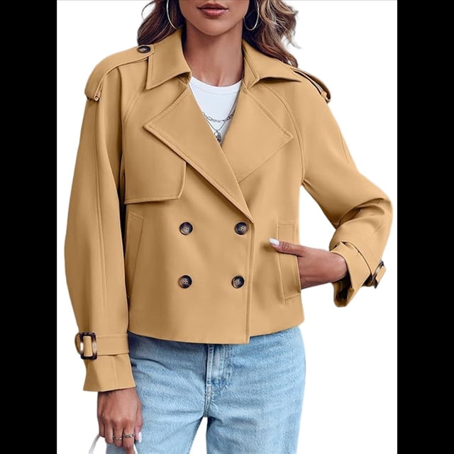 Chaqueta Gabardina Informal Holgada de Larga con Doble Botonadura y Solapa con Muescas para Mujer, con Bolsillos. Caqui XL