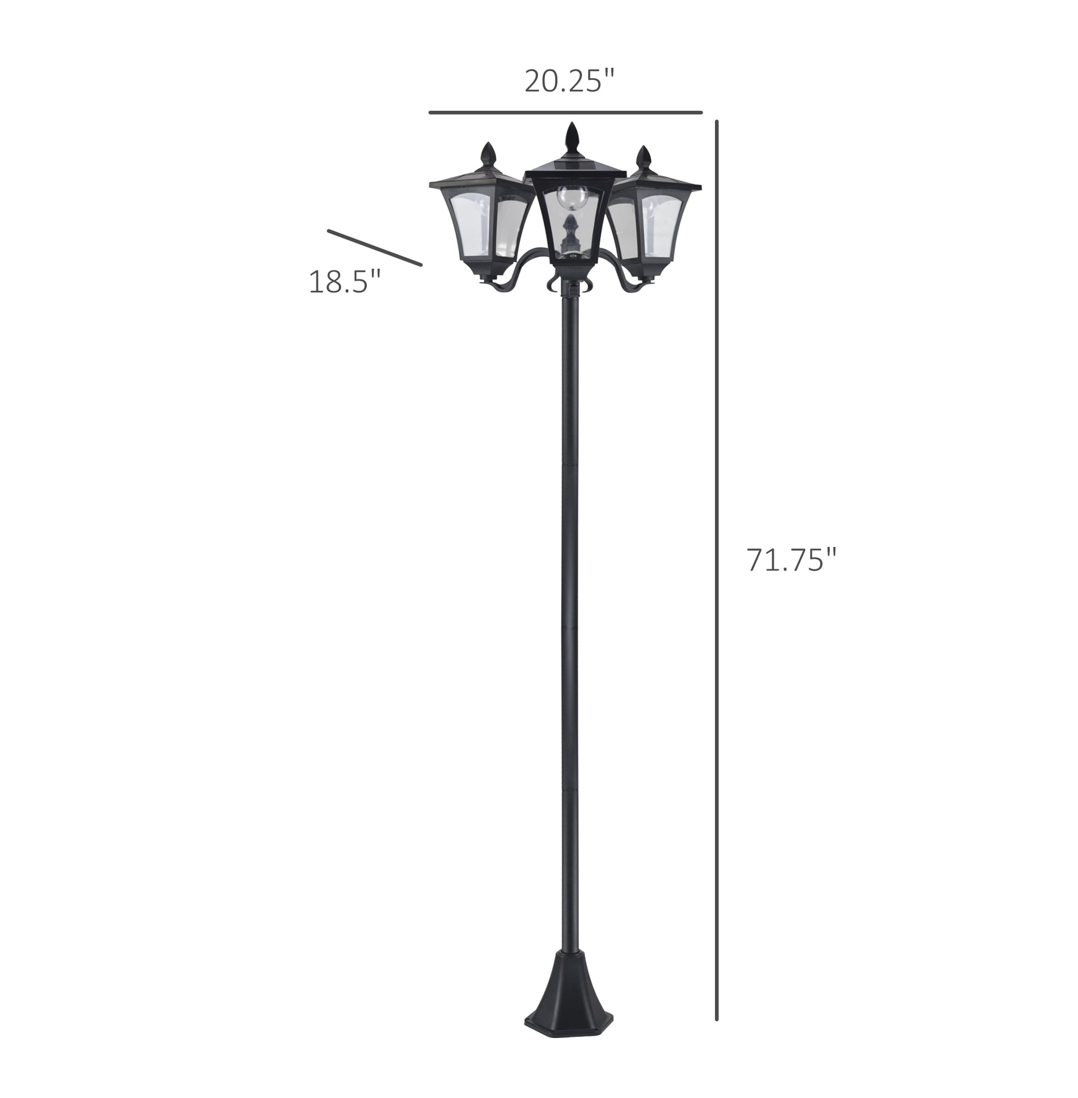 72" Solar Lamp Post, Triple Head Outdoor Light, Stainless Steel, Waterproof Garden Pathway Lights, Vintage Style - Black