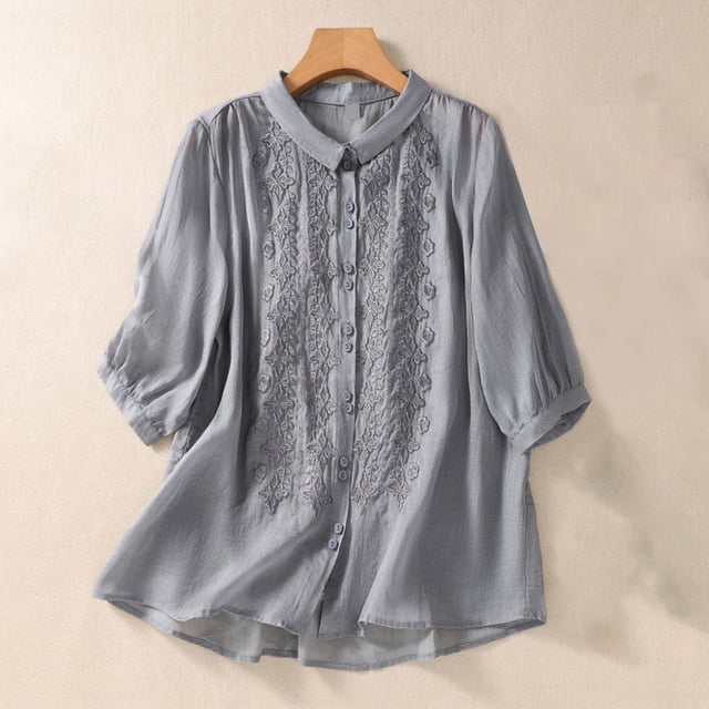 Camiseta Holgada Informal Fiudx de Algodón y Lino con Bolsillos y Botones para mujer