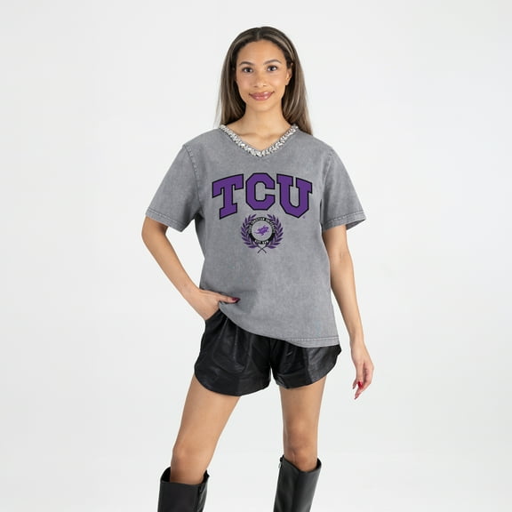 Women's Gameday Couture Gray TCU Horned Frogs Iconic Edge Rhinestone V-Neck T-Shirt