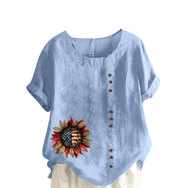 Vestidos Casuales Para Mujer, Blusas De Mujer De Moda Blusa informal de lino con botones y manga corta estampada para mujer