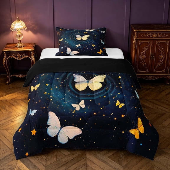 Manfei Twinkling Butterfly Printed Twin Comforter Sets,Cosmic Swirl Print Bedding Set,Blue Gold,Black Reversible,2-Piece,1 Comforter and 1 Pillowcase