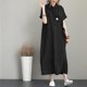 thumbnail image 4 of Vestido informal de mujer negro 2XL estilo japonés color sólido algodón y lino solapa manga corta bolsillo suelto, 4 of 8