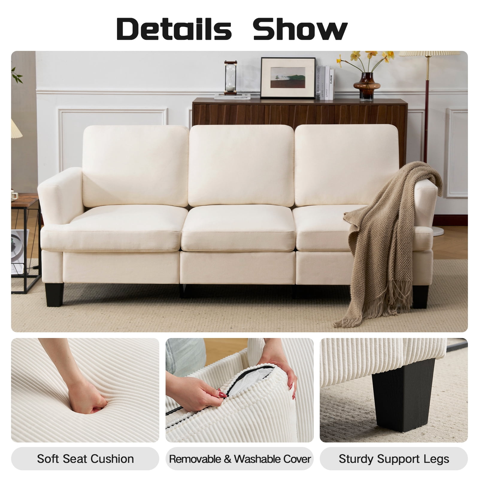 3 Seater Sofa, 84" Linen Upholstered Sofa with Extra Deep Seats, Classic Modern Couch for Living Room, Beige