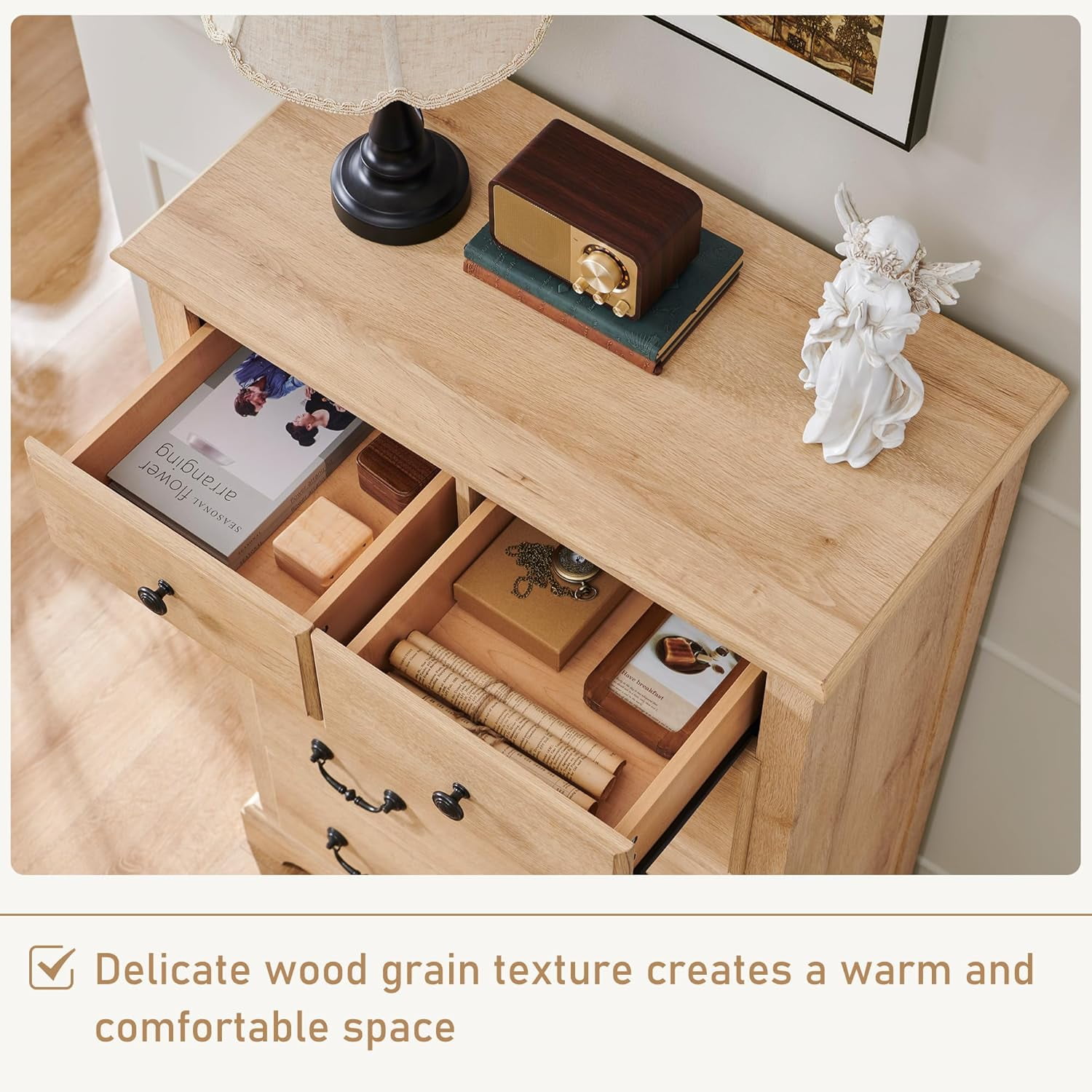 OKD 48" Tall 6 Drawers Dresser for Bedroom, Farmhouse Wooden Chest of Drawers, Closet Clothes Storage Organizer for Bedroom, Living Room, Natural Oak