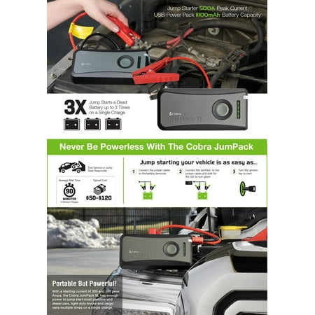 Cobra JumPack XL CPP 12000 - Emergency charger + AC power adapter - LiCoO2 - 11100 mAh - 500 A - 2 output connectors (USB, 2-pole) - gray
