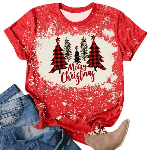 AGWOLF Merry Christmas Print Sweatshirts for Women Funny Crewneck Xmas Tree Shirts Casual Short Sleeve Party Pullover