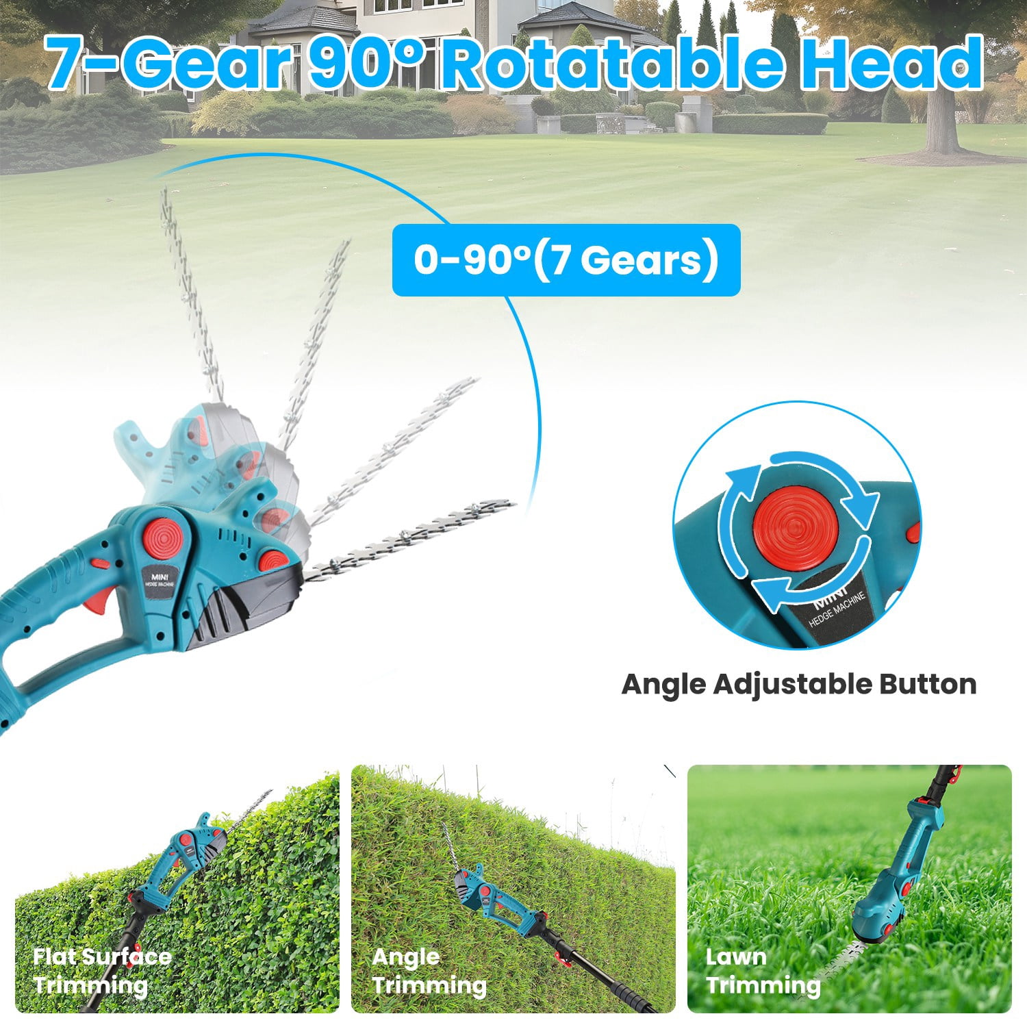 TeqHome Cordless Electric Hedge Trimmer with Extension Pole, 21V Grass Shears with 90° Rotatable Head 2Pcs 21V Batteries Blue