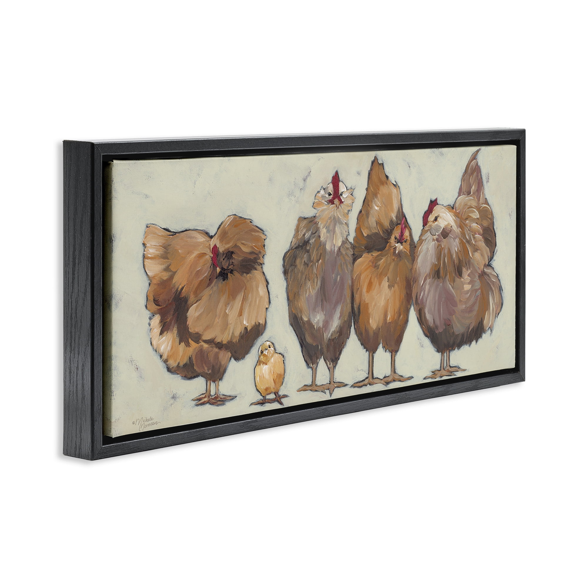 Stupell Industries Brown Hens and Chick Animals & Insects Painting Black Floater Framed Canvas Art Print Wall Art, 25 x 11