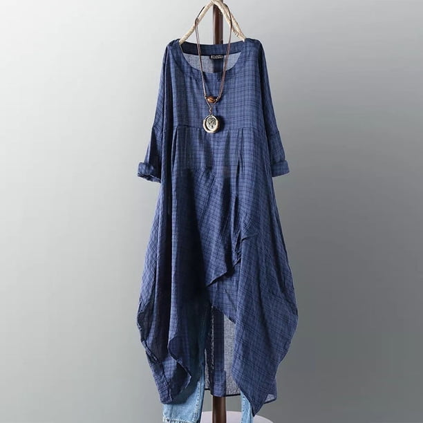 Kaftan Check Dress Women's Irregular Sundress ZANZEA 2023 Casual Long Sleeve Midi Vestidos Female O Neck Robe Femme Oversize 4XL Gao Jinjia LED