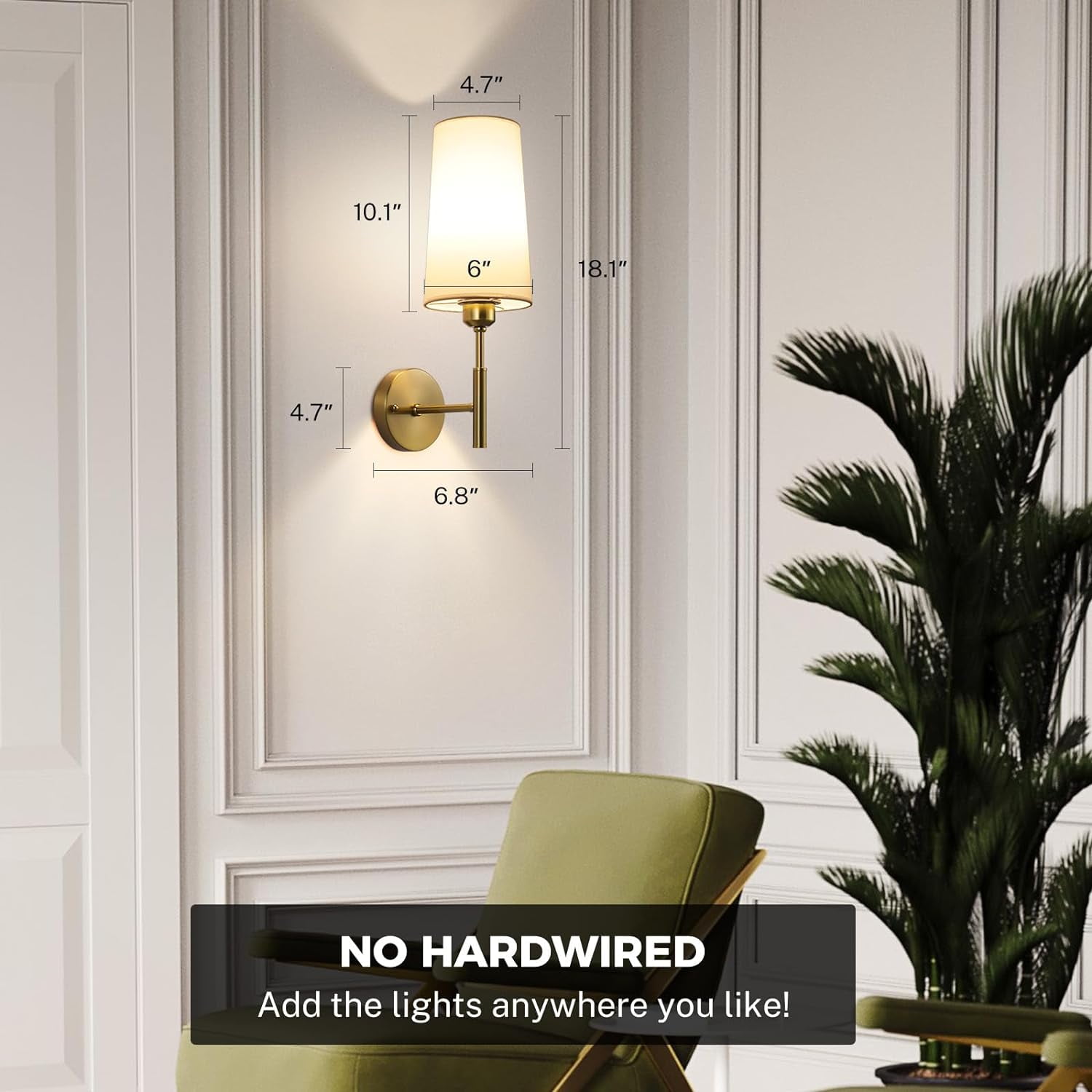 Battery Operated Wall Sconces Set of Two, Wireless, Rechargeable No Wiring Wall Lamp/Light for Bedroom, Gold