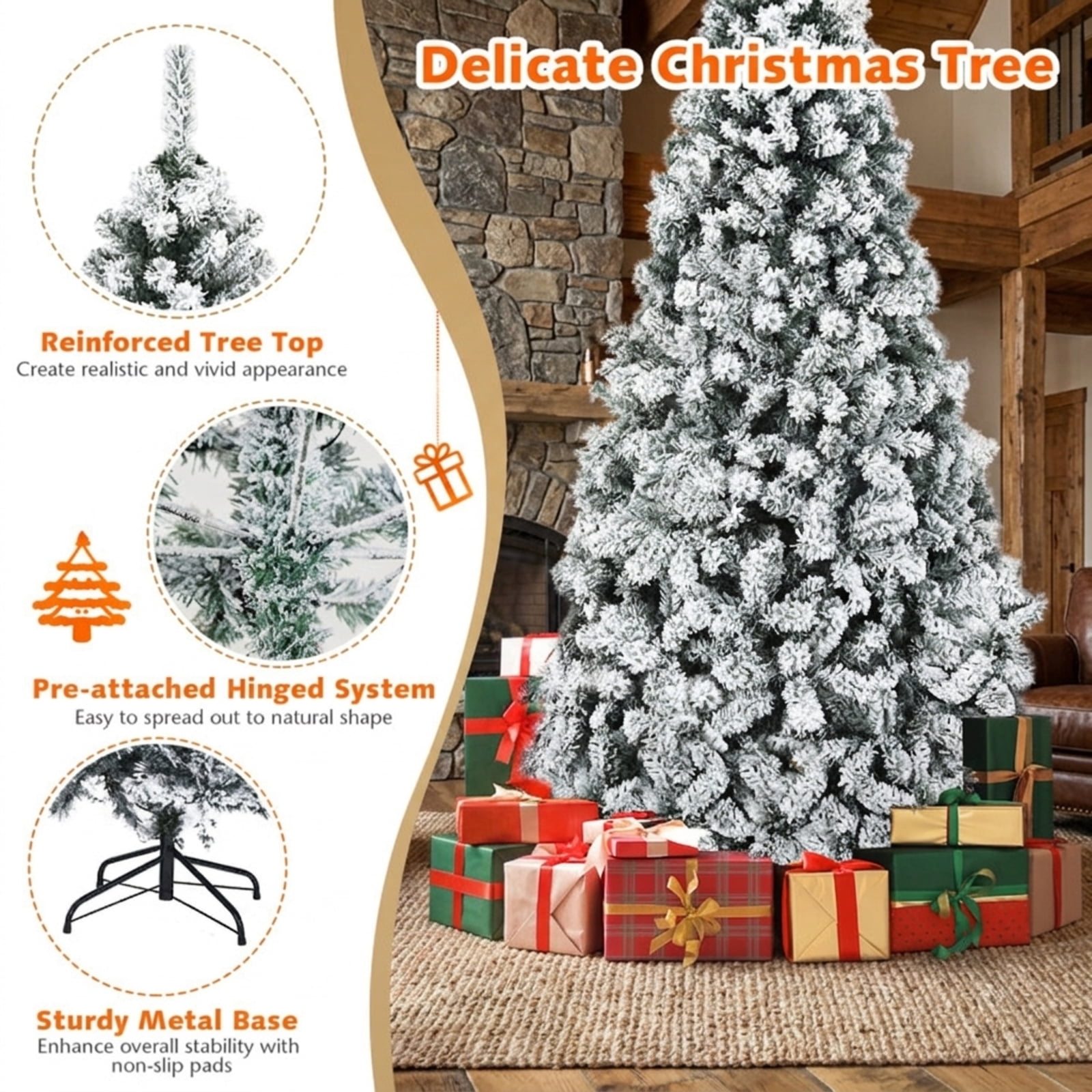 RUIE, 7.5 ft, Pre-Lit Artificial Christmas Tree, Tall Flocked Christmas Tree, 1010 Branch Tips, Snow Flocked, Hinged Branches for Christmas Party