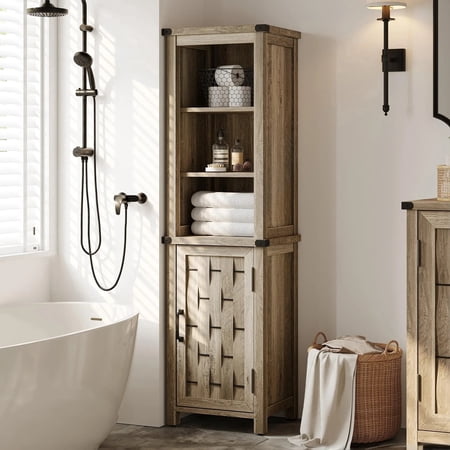 Narrow Farmhouse Storage Cabinet with Door and Adjustable Shelves for Corner Light Brown