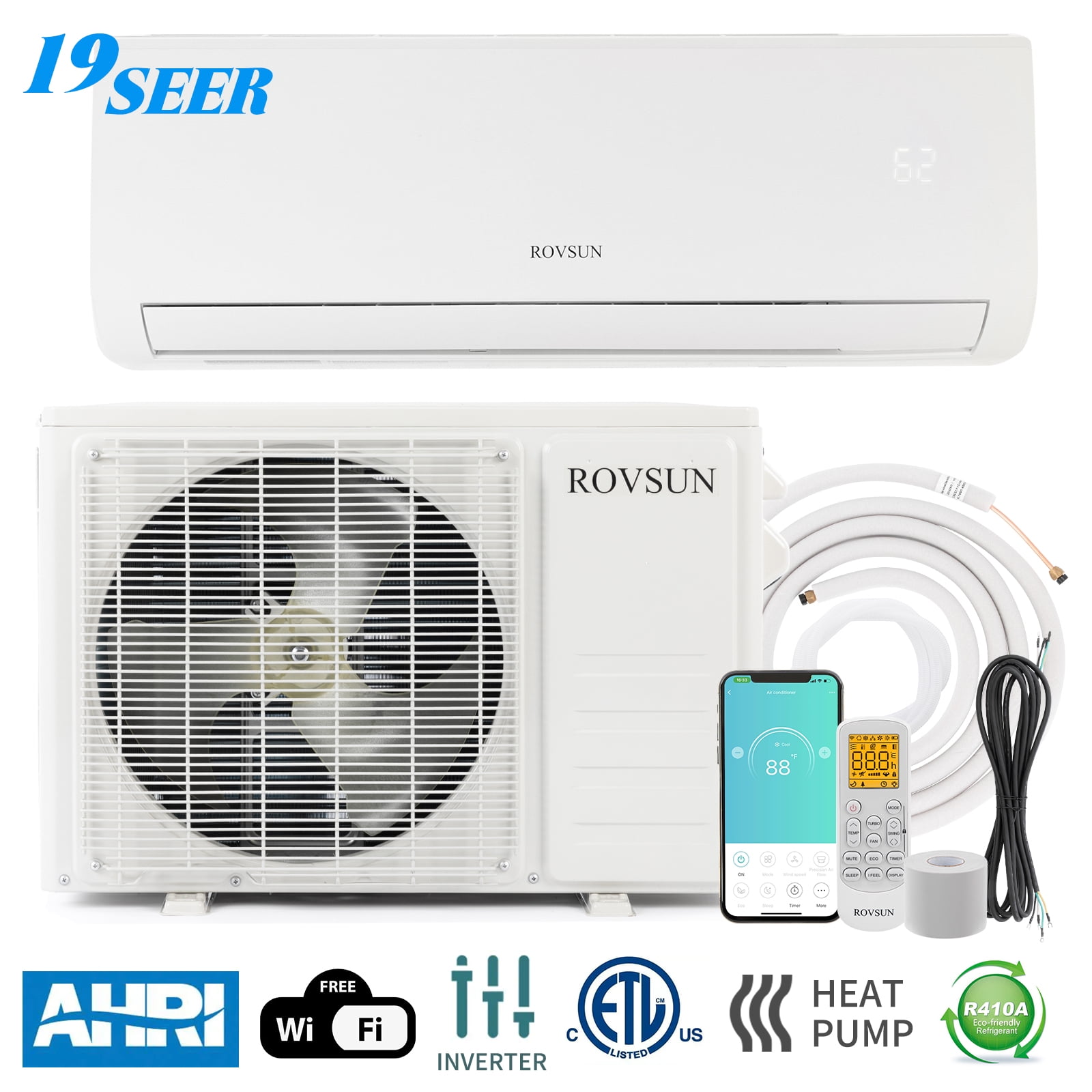 ROVSUN Wifi Enabled 18,000 BTU Mini Split AC/Heating System with Inverter, 19 SEER 230V Energy Saving Ductless Air Conditioner with Pre-Charged Pump & Installation Kit -