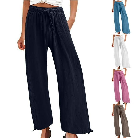 ZZwxWA Women Linen Palazzo Pants Summer Comfy Flowy Wide Leg High Waist Drawstring Casual Loose Beach Lounge Pant Trouser