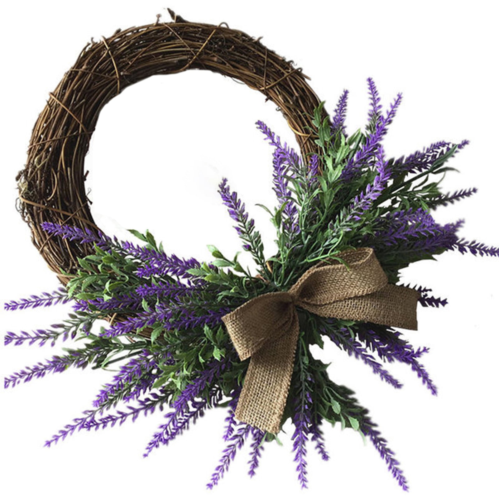 Lavender Flower Wreath for Front Door Purple Summer Artificial Flower Wreath Rattan Spring Garland for Door Window Wall Garden Farmhouse Hanging Wedding Home Decor with Bow-Knot Ornament 