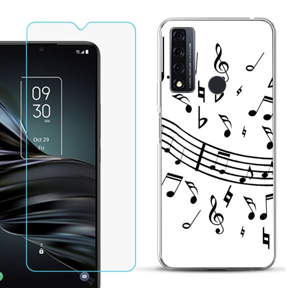 Slim-Fit Fashion Phone Case for TCL 20 XE, with Tempered Glass Screen Protector, by OneToughShield ® - Music Notes / White