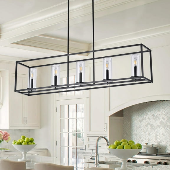 Aiwen Rectangle Lantern Metal Pendant 5-Light Black Geometric Chandelier With e12 Bulb Base